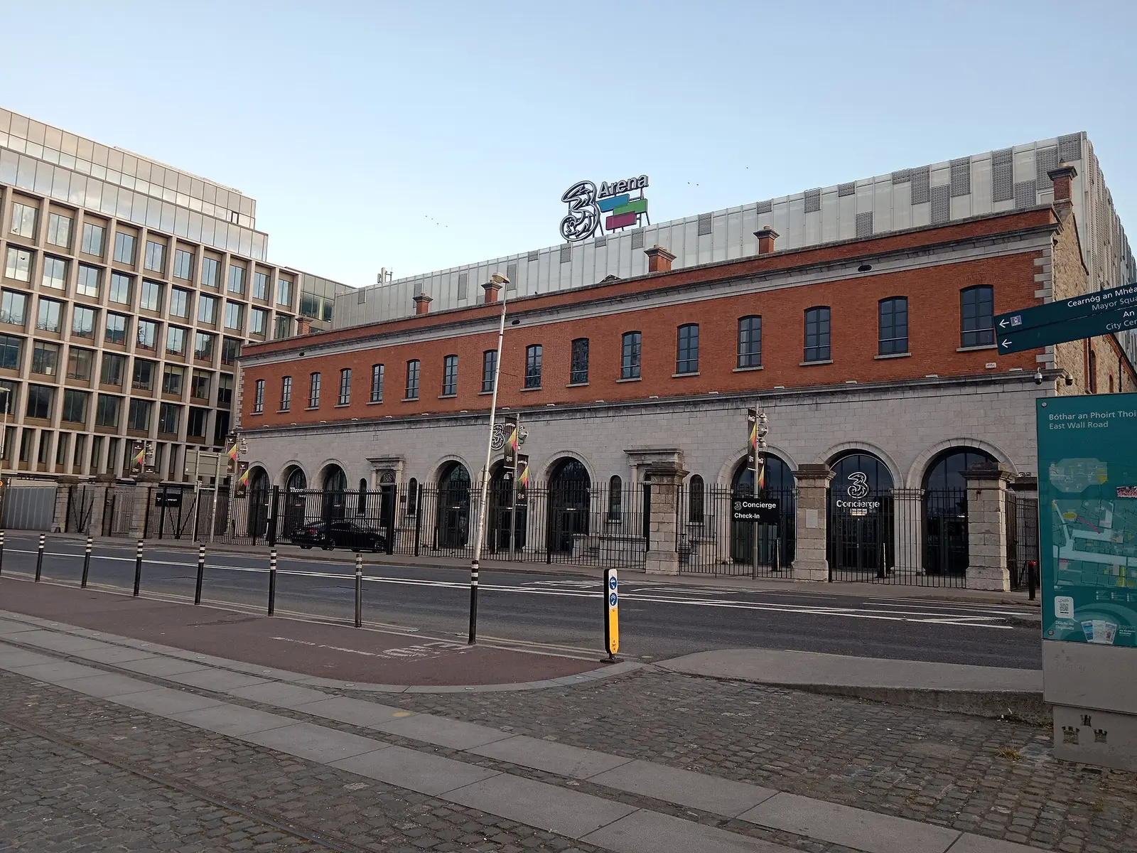 The red-brick Victorian facade of 3Arena on the Dublin docklands quayside