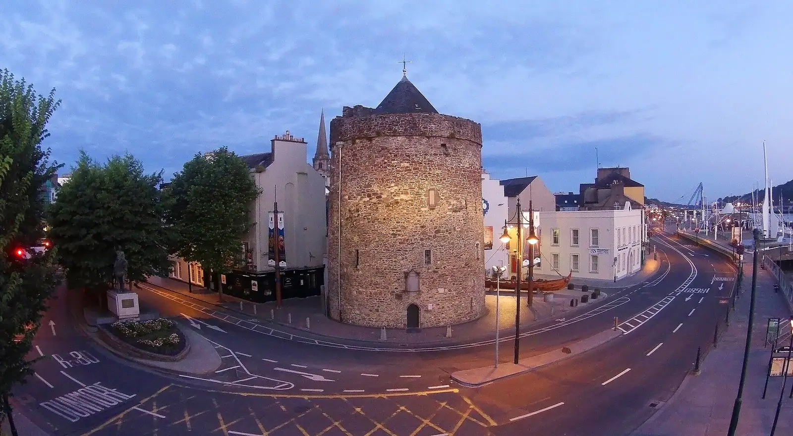 Reginald's Tower on the quay in Waterford city at dusk with lit streets around it